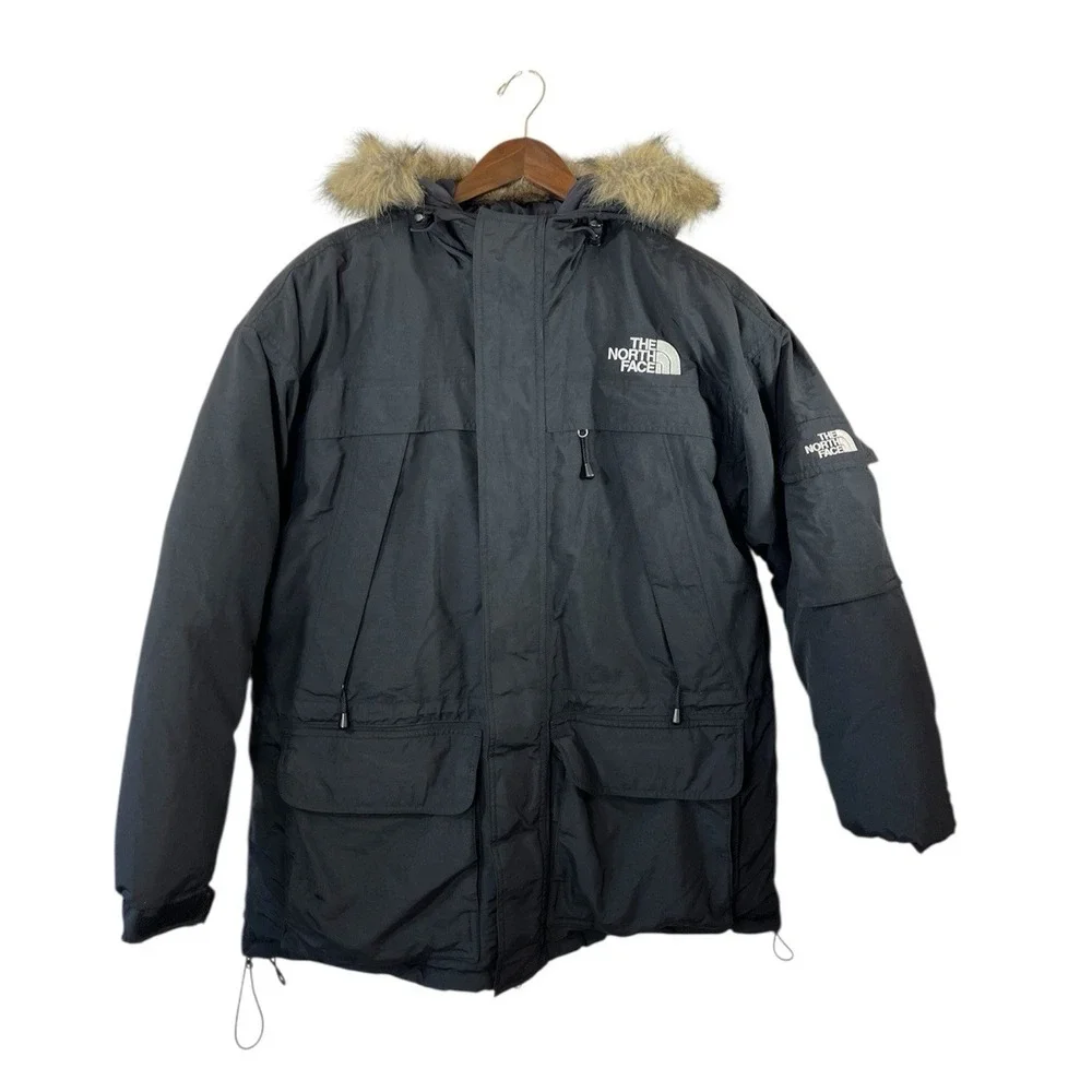 The North Face Mens Goose Down Parka Puffer Jacket L Black Fur‎ Hood Winter Warm